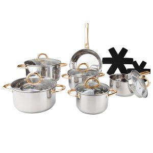13pcs Cookware Set with glass lid and Gold Color Handle and Knob
